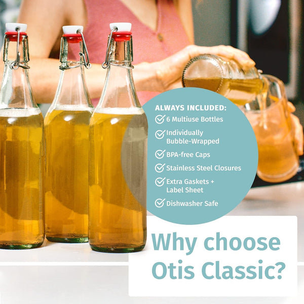 Otis Classic Swing Top Glass Bottles - Set of 6, 16oz w/Marker & Labels - Clear Bottle with Caps for Juice, Water, Kombucha, Wine, Beer Brewing,