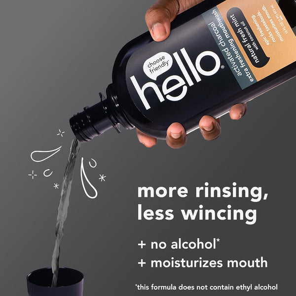Hello Activated Charcoal Extra Freshening Mouthwash, Natural Fresh Mint and Coconut Oil, Fluoride Free, Alcohol Free, Vegan, SLS Free and Gluten