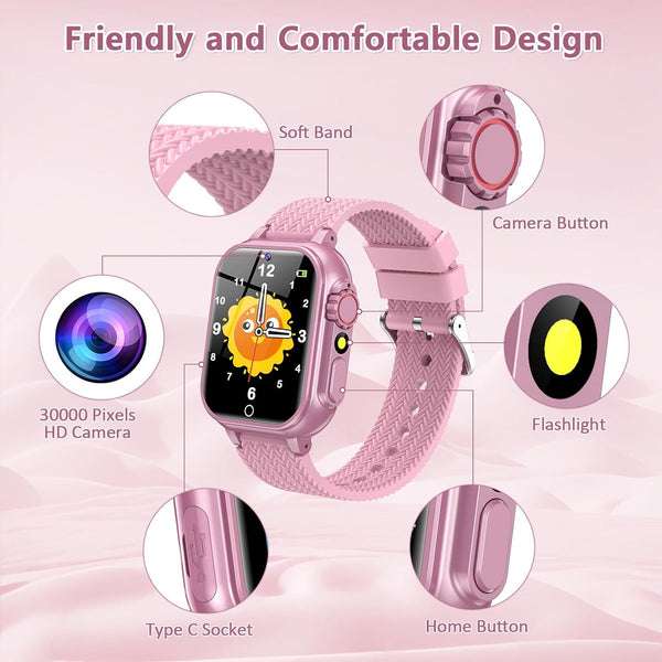 Kids Smart Watch Gift for Girls Age 5-12, 32 Games HD Touch Screen Watches with Video Camera Music Player Pedometer Flashlight 12/24 Hr