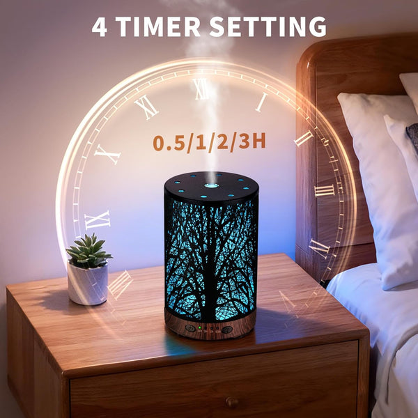 Essential Oil Diffuser 120ML Metal Aromatherapy Diffuser, Cool Mist Humidifier with Auto Shut-Off Protection 7 Color Lights for Home Office Spa (Tree)