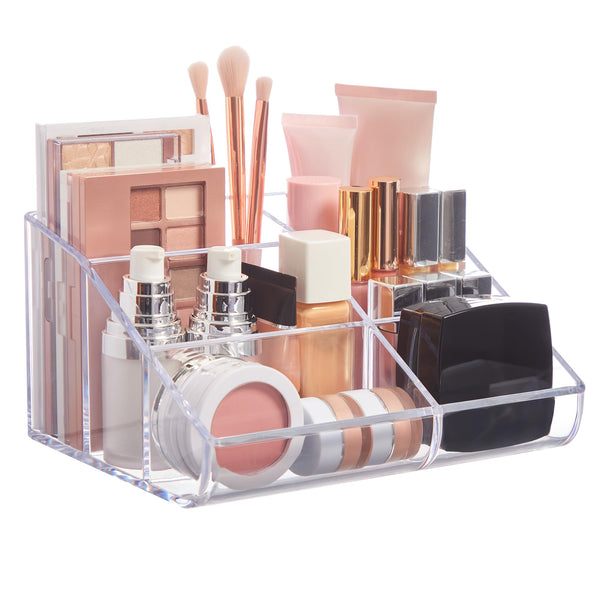 Stori Clear Plastic Vanity Makeup Organizer | 6-Compartment Holder for Brushes, Eyeshadow Palettes, & Beauty Supplies | Curved Front Design | Made