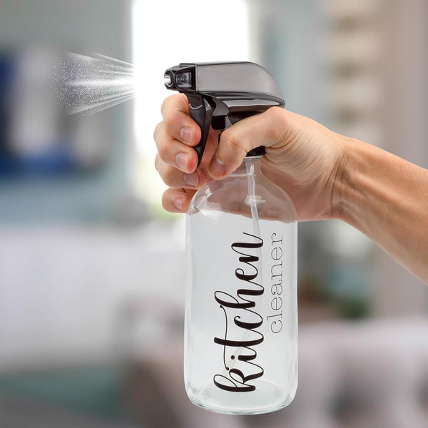 Cornucopia Brands Cleaning Spray Bottles Set, Glass (Set of 4, 16-Ounce); Refillable Trigger Sprayers W/Mist/Stream Settings and Farmhouse Script