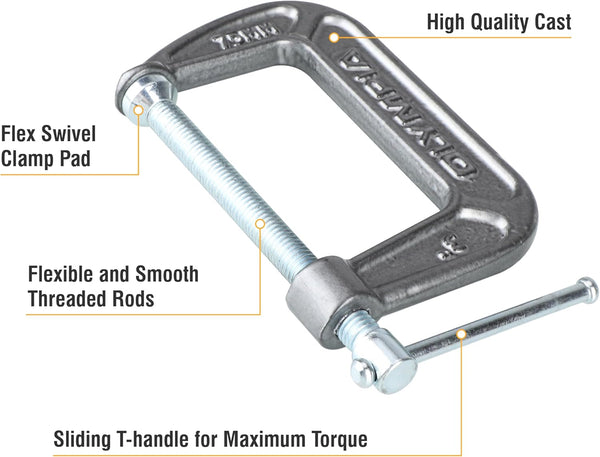 Olympia Tools Heavy Duty Cast Iron C-Clamps with 2-Inch Jaw Opening and 1-Inch Throat, 6 Pack
