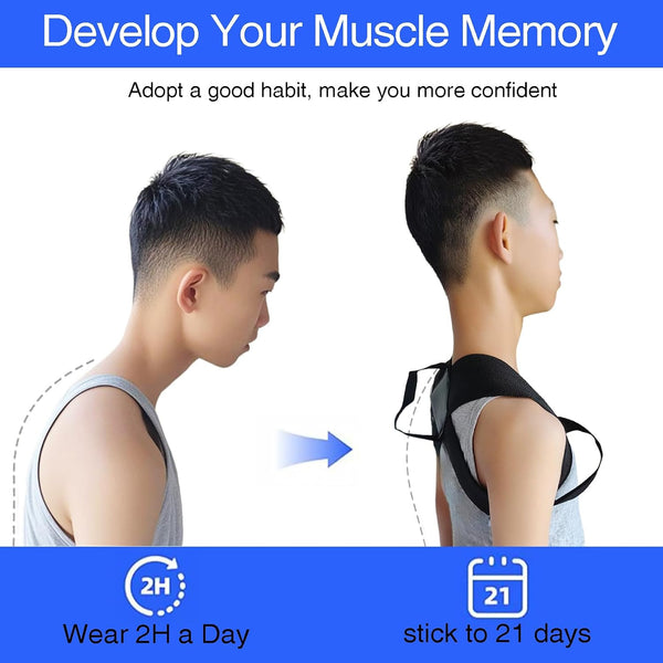 Men and Women Posture Corrector Back Support Strap, Compact Upper Support for Back, Neck, and Shoulders (Black) Medium (LB 121-143)
