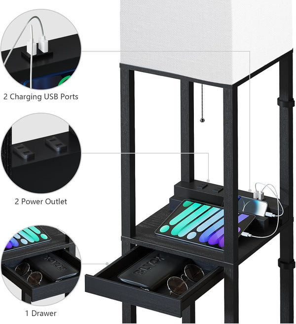 SUNMORY Floor Lamp with Shelves, RGB Light Dimmable Standing Lamp with APP Control, Tall Shelf Lamp for Living Room and Bedroom, Home Decor (Black)