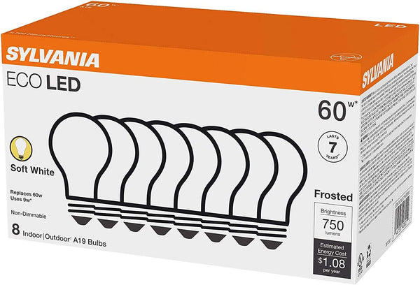 SYLVANIA ECO LED Light Bulb, A19 60W Equivalent, Efficient 9W, 7 Year, 750 Lumens, 2700K, Non-Dimmable, Frosted, Soft White - 8 Count (Pack of 1)