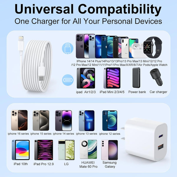 Ipad Charger 2 Pack 20W Dual Port QC + PD 3.0 Power Adapter Fast Wall Charger Block with 6FT&10FT Lightning Cord Cable for Ipad 9/8/ 7 Generation,