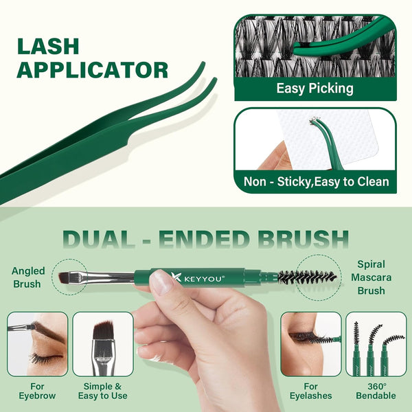 DIY Lash Extension Kit KEYYOU 300Pcs Individual Eyelash Extension Kit 40D 0.07D Curl 9-18MIX Lash Clusters Kit with Lash Glue Remover Applicator