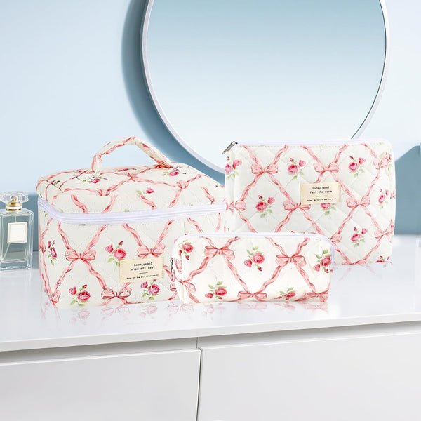 3Pcs Cotton Quilted Makeup Bag for Women Girls Large Small Travel Floral Cosmetic Bags Set Cute Coquette Pink Makeup Pouch for Purse Aesthetic
