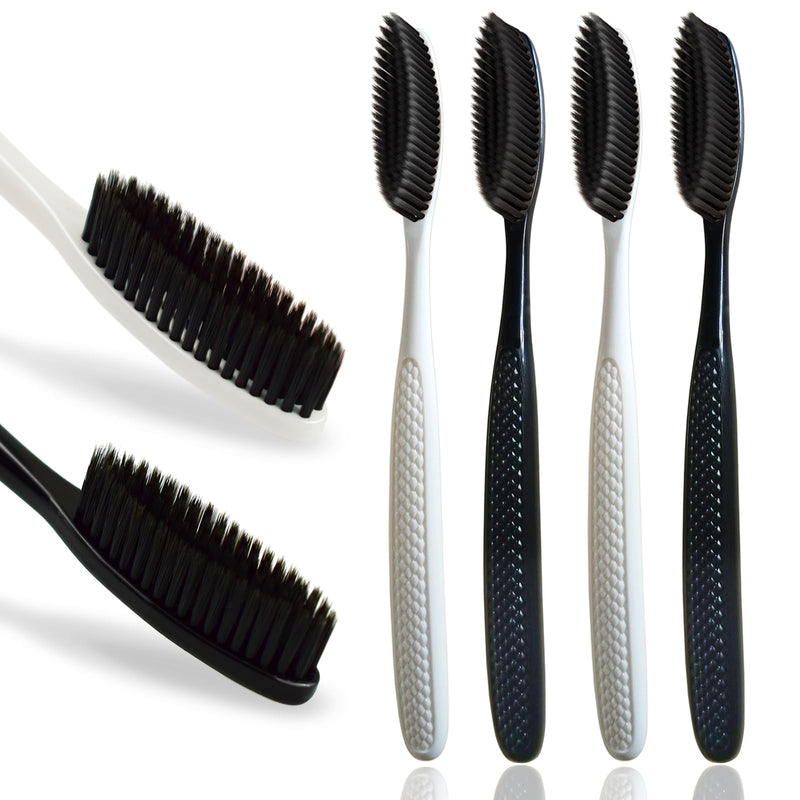 Large Long Head Toothbrush, 4-Pack, Upgraded Hard & Firm Charcoal Bristles, Whitening Teeth, Removing Plaque, Brace, Cigarette, Coffee and Other