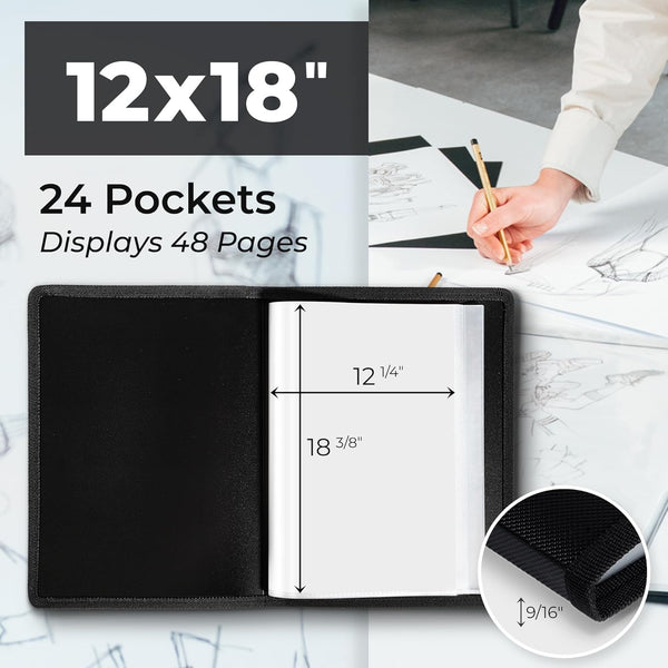 Dunwell 12X18 Art Portfolio Binder with Mounting Paper (Black), Large Portfolio Folder for Artwork Storage, 24 Clear Sleeves Display 48 Pages, 12