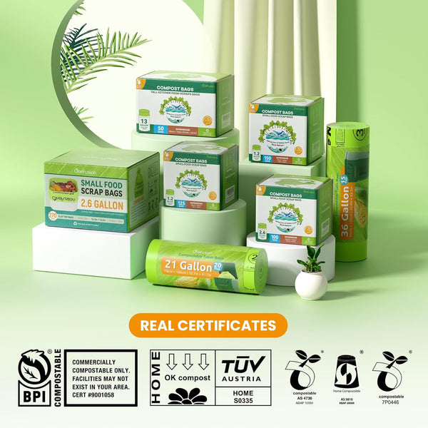 Compostable Bags for Kitchen Compost Bin, 1.2 Gallon, 125 Count, Certified by BPI and ASTM, Leakproof and Odor Control