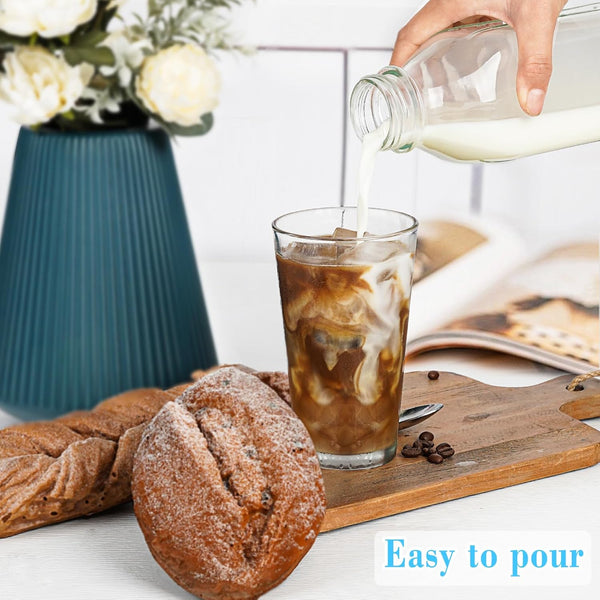 Liter Glass Milk Bottles W 100% Airtight Heavy Duty Screw Lid - 6 Pack 32 Oz Drinking Jars - Food Grade Glass Bottles for Milk, Honey, Jam -