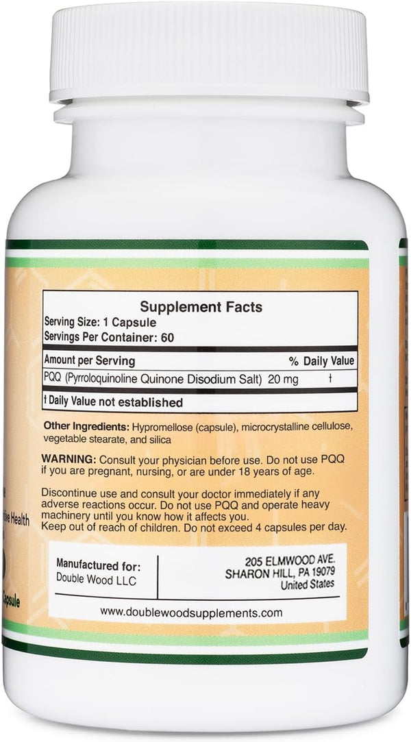 PQQ Supplement - 20Mg, 60 Capsules (Pyrroloquinoline Quinone) Promotes Mitochondria ATP Coenzyme Levels, Energy Optimizer and Sleep Support