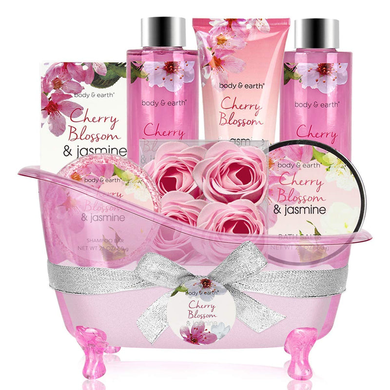 Body & Earth Gift Baskets for Women Bath and Body Set for Her, Cherry Blossom & Jasmine Spa Gifts for Women , Birthday, Mother's Day Gifts for