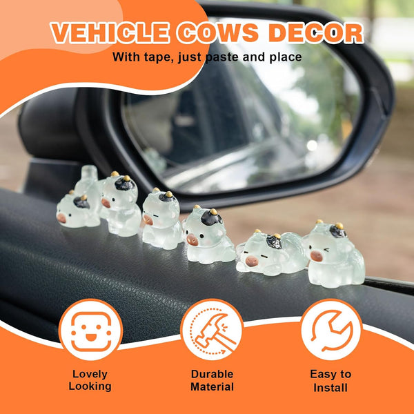 Luminous Cow Car Dashboard Decor, 6PCS Cute Cow Dash Decorations, Rear View Mirror Ornament, Interior Accessories
