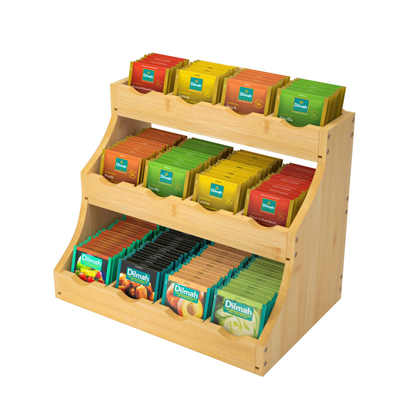 Bamboo Tea Bag Organizer, 3 Tier Vertical Tea Organizer, Tea Holder for Kitchen Island, Coffee Shop or Office, Tea Storage with 12 Adjustable