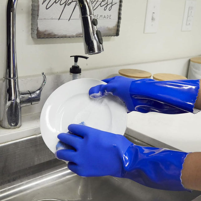 2 Pairs Rubber Household Cleaning Gloves for Kitchen Dishwashing, Cotton Lined (Blue)