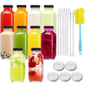 CUCUMI 10Pcs 16Oz Glass Juice Bottles with Lids, Reusable Juice Containers Drinking Jars Water Cups with Brush, Glass Straws, Lids with Hole