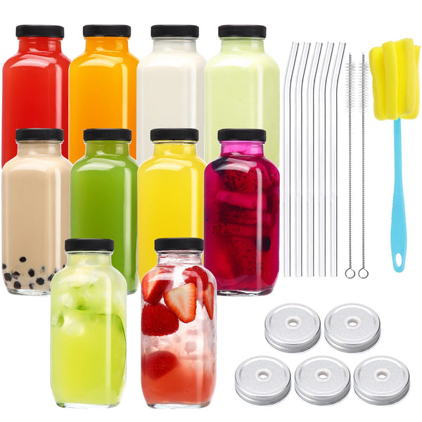 CUCUMI 10Pcs 16Oz Glass Juice Bottles with Lids, Reusable Juice Containers Drinking Jars Water Cups with Brush, Glass Straws, Lids with Hole
