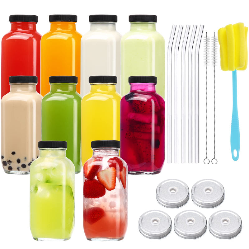 CUCUMI 10Pcs 16Oz Glass Juice Bottles with Lids, Reusable Juice Containers Drinking Jars Water Cups with Brush, Glass Straws, Lids with Hole