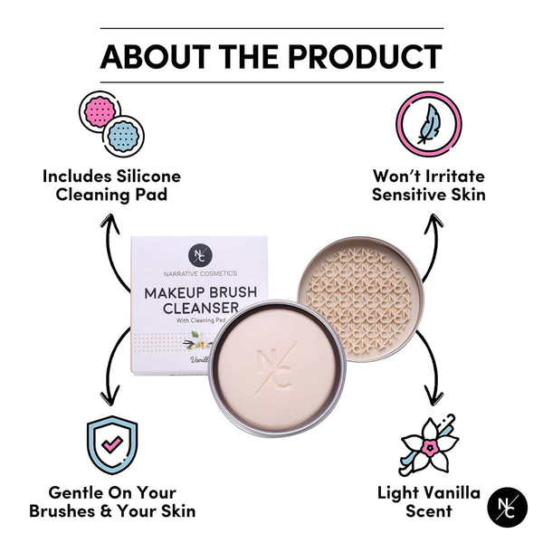 Solid Makeup Brush Cleanser Soap with Silicone Cleaning Pad, Cleans Natural & Synthetic Brushes, Vegan, Cruelty-Free, Natural Ingredients, Vanilla