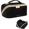 Prite Makeup Bag for Women Travel Waterproof Vegan Leather Cosmetic Bag Open Flat Toiletry Bag with Clear Divider and Handle (Large Black)