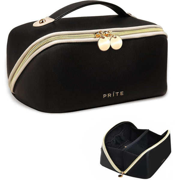 Prite Makeup Bag for Women Travel Waterproof Vegan Leather Cosmetic Bag Open Flat Toiletry Bag with Clear Divider and Handle (Large Black)
