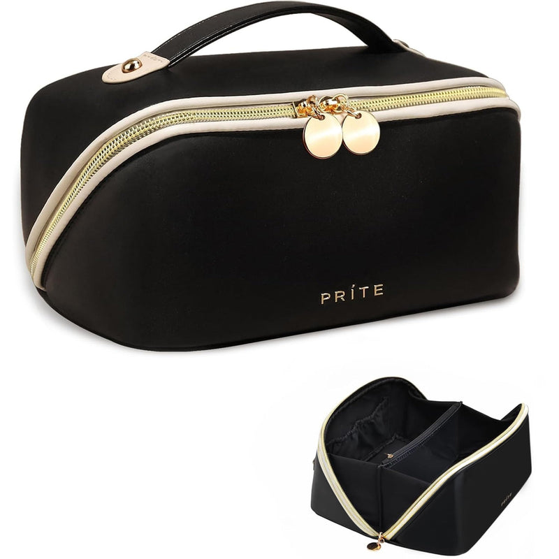 Prite Makeup Bag for Women Travel Waterproof Vegan Leather Cosmetic Bag Open Flat Toiletry Bag with Clear Divider and Handle (Large Black)