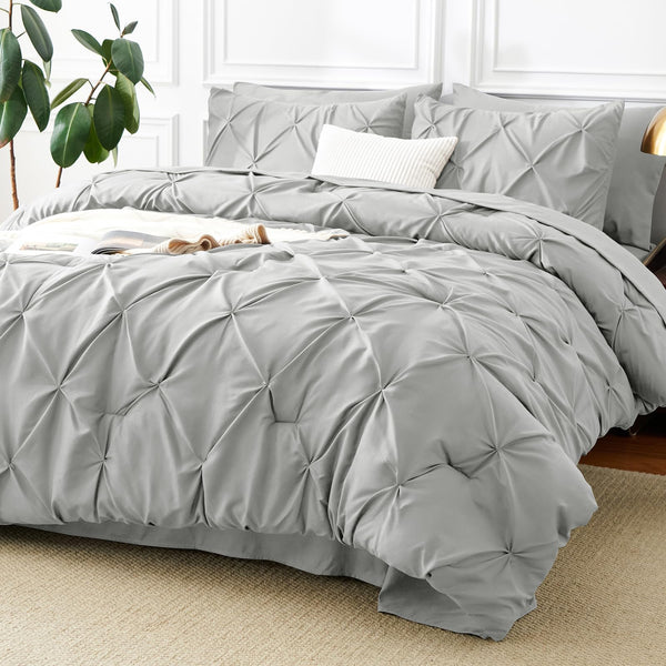Cozylux King Size Comforter Set Light Grey, 7 Pieces Pintuck Bed in a Bag Gray Comforter King Size, Pinch Pleat Bedding Set with All Season