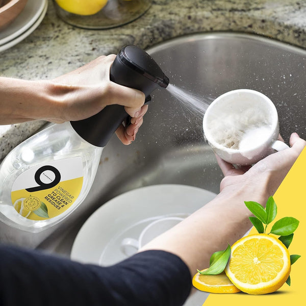 9 Elements Natural Dish Soap, Dishwashing Liquid with Lemon Essential Oils, Made with the Power of Vinegar, 1 Dish Spray Starter Kit & 3 Refills