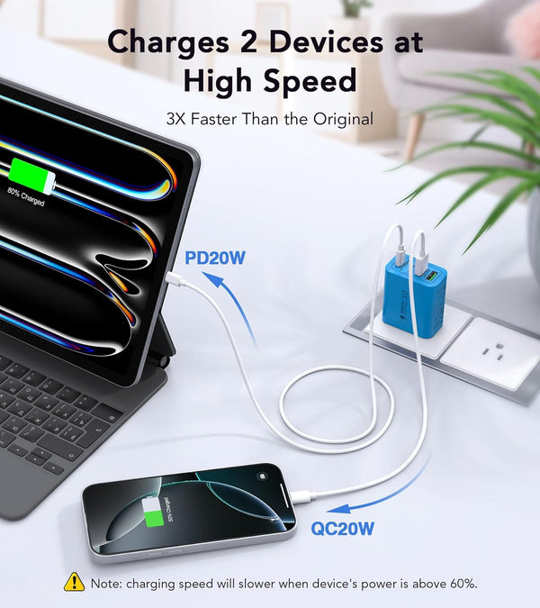[40W/2Pack] Wall Charger, USB C Charger Block, Multi-Port PD + QC 3.0 Super Fast Charging Power Plug Adapter Brick for Watch Series 9 8 7, Iphone
