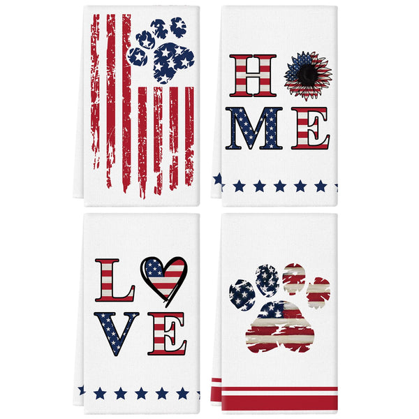 GPGHE 4Th of July Kitchen Towel 18X26 Inch American Flag Home Love Dog Paw Hand Towels Independence Day Memorial Day Home Kitchen Party