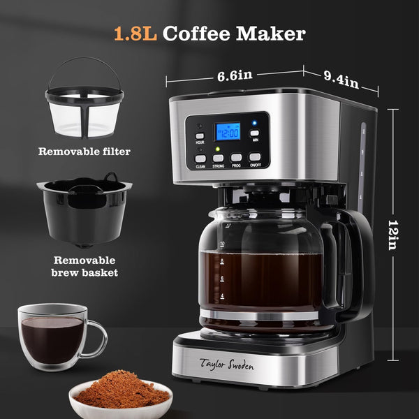Taylor Swoden 12-Cup Programmable Coffee Maker, Regular & Strong Brew Drip Coffee Machine for Home and Office, Glass Carafe, Pause & Serve, Auto