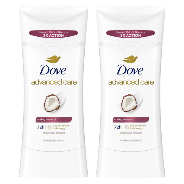 Dove Advanced Care Antiperspirant Caring Coconut, 2 Count Deodorant Stick for Women, for 48 Hour Protection And Soft And Comfortable Underarms,