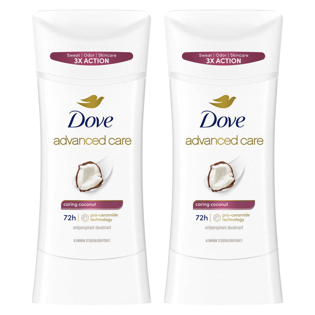 Dove Advanced Care Antiperspirant Caring Coconut, 2 Count Deodorant Stick for Women, for 48 Hour Protection And Soft And