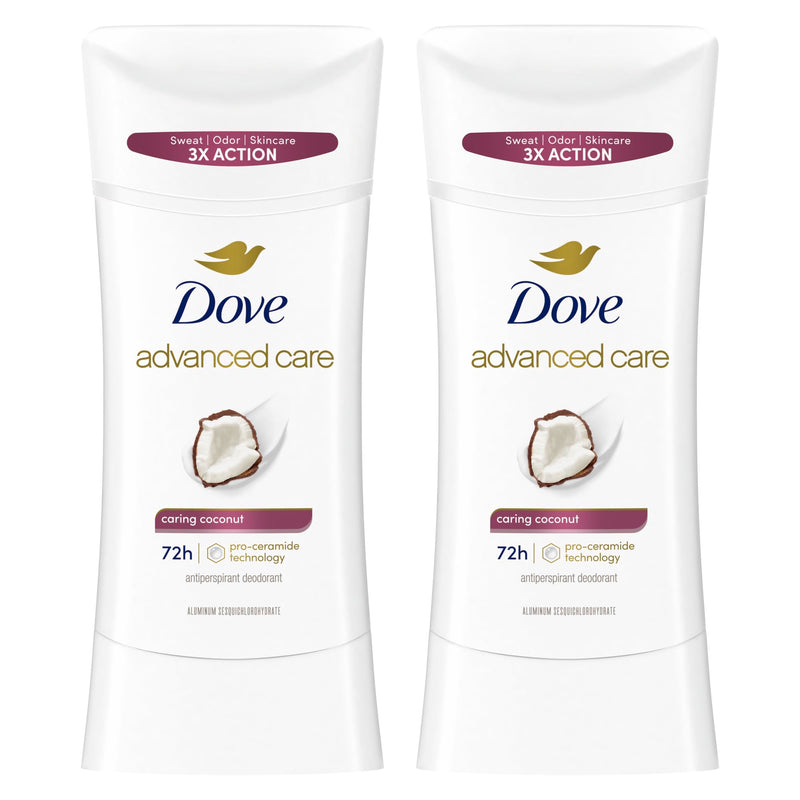 Dove Advanced Care Antiperspirant Caring Coconut, 2 Count Deodorant Stick for Women, for 48 Hour Protection And Soft And Comfortable Underarms,