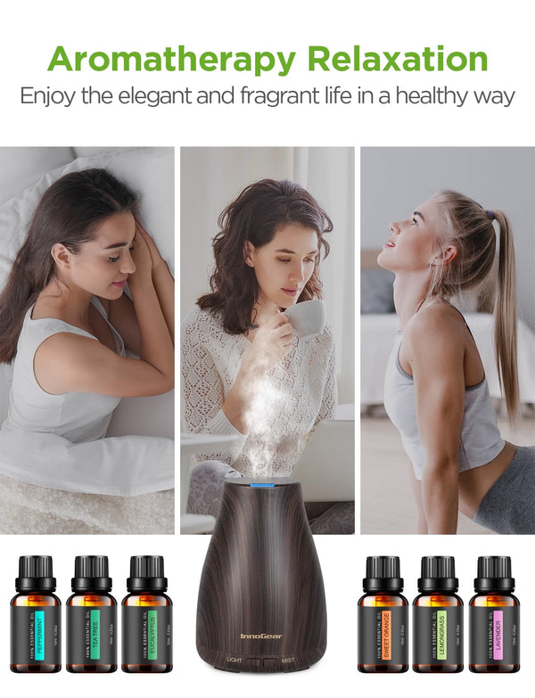 Innogear Essential Oil Diffuser with Oils, 100Ml Aromatherapy Diffuser with 6 Essential Oils Set, Aroma Cool Mist Humidifier Gift Set, Dark Wood Grain