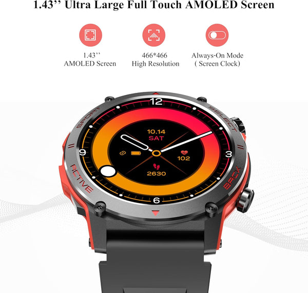Smart Watch, 1.43''AMOLED 45Mm Military Smartwatch Men Women Answer/Make Call, Digital Fitness Watch, 110+ Sports, Blood Pressure, Heart Rate,