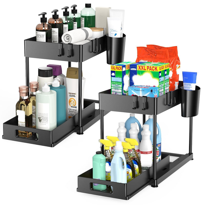 Under Sink Organizers and Storage, 2 Pack Large Capacity Heavy Load Pull-Out under Sink Shelves with Sliding Drawer for Kitchen and Bathroom,