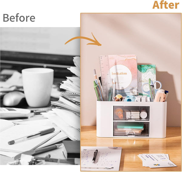 Marbrasse Pen Organizer with 2 Drawer, Multi-Functional Pencil Holder for Desk, Desk Organizers and Accessories with 5 Compartments + Drawer for