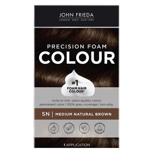 John Frieda Precision Foam Colour, Medium Natural Brown 5N, Full-Coverage Hair Color Kit, Anti-Fade Gray Coverage, Deep Color Saturation Hair Dye,