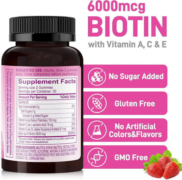 Beauty Gummies No Sugar Added, Hair Skin and Nails Gummies with Vitamins a C E, Natural 6000Mcg Biotin Gummies for Women Men, GMO Free, Gluten