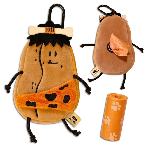 Dog Poop Bag Holder for Leash with Waste Bags and Keychain Clip, Easy Refill, Unscented, Doggy Walking Accessory, 1 Caveman Dispenser and 15 Count