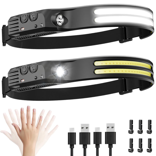 LED Headlamp Rechargeable 2PCS - 230Â° COB Super Bright Head Lights for Forehead, Hard Hat Light for Adults, USB C Headband Flashlight for Work,