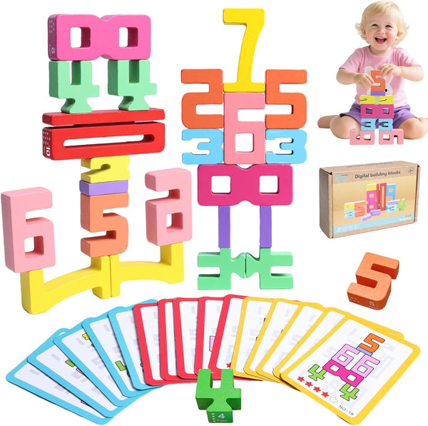 Wooden Number Building Blocks,20Pcs Stacking Toys for 3+ Years Old Kids,Educational Montessori Learning Toys,Counting Math Balance Competition