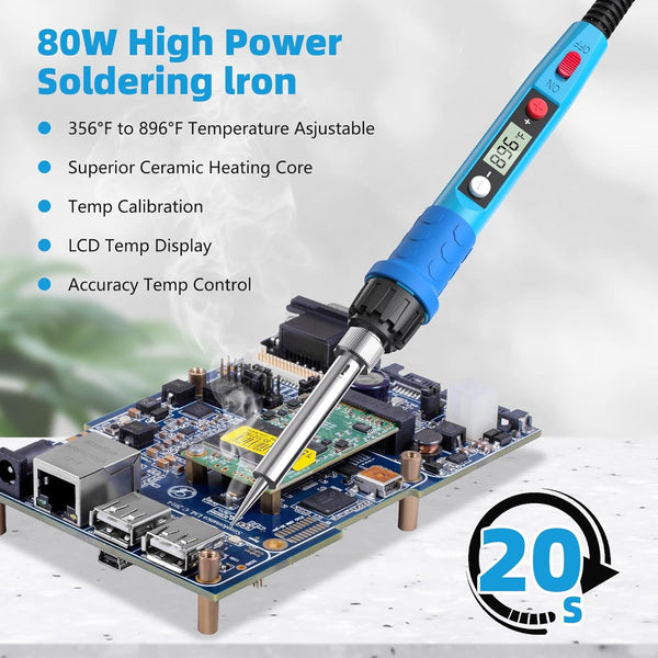 Soldering Iron Kit, 80W 110V LCD Digital Solder Iron Pen with Ceramic Heater, Portable Welding Tools with 5pcs Tips, Stand, Solders Wire, Sponge,