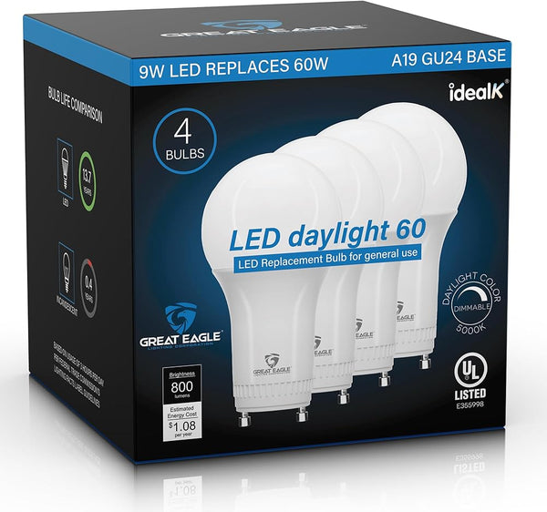 Great Eagle GU24 Led Bulb - A19 Shape, 9W (60W Equivalent), Dimmable, 5000K Daylight, UL Listed, Twist-In Light Bulb, 2 Prong Light Bulbs (4-Pack)