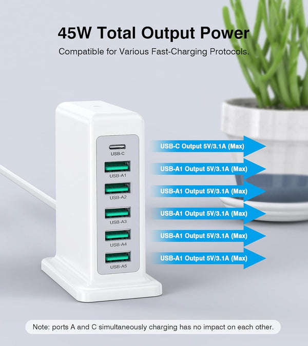 Charging Station for Multiple Devices, 45W 6 Port USB Charger Charging Block with 1 USB-C 5 USB-A Port, Power Strip Plug Charging Multi Travel