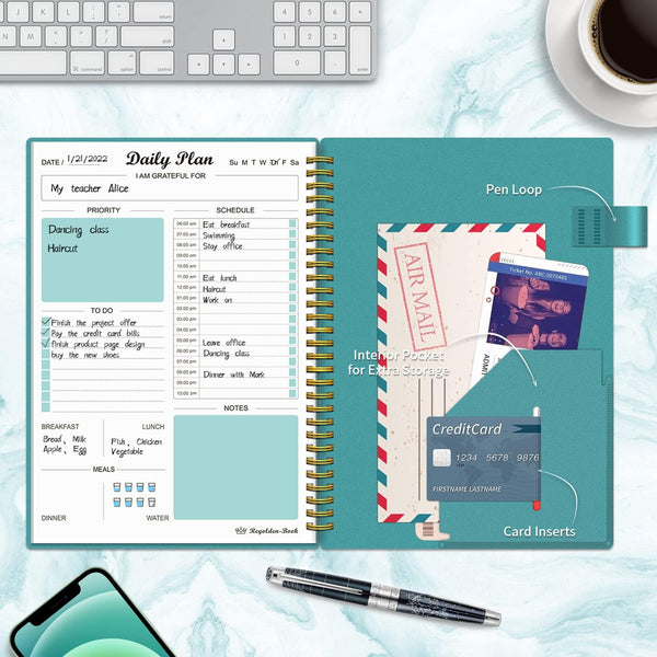 Daily Planner Undated, to Do List Notebook with Hourly Schedule Calendars Meal, Spiral Appointment Organizers Notebook for Man/Women, Pocket,Pen
